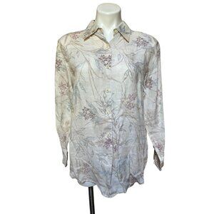 Vintage 90s Linen Floral Button Down Shirt Coastal Grandma Beige Medium
